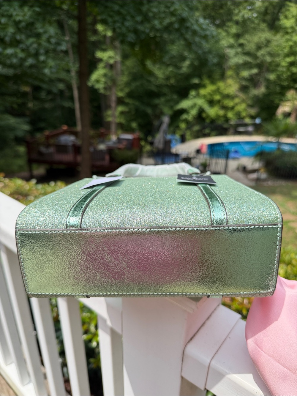 Kate Spade NWT Mini Tote Green Gold Glitter Bag, Wallet, Card Case Retail$580 - Picture 12 of 17
